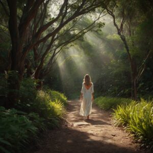 A woman in a flowing white dress walks barefoot along a tranquil forest path, surrounded by lush green foliage and dappled sunlight filtering through the trees, evoking a sense of peace, reflection, and connection with nature